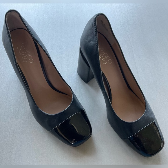 Franco sarto roller black leather block heel cap toe slip on pumps - Picture 3 of 12